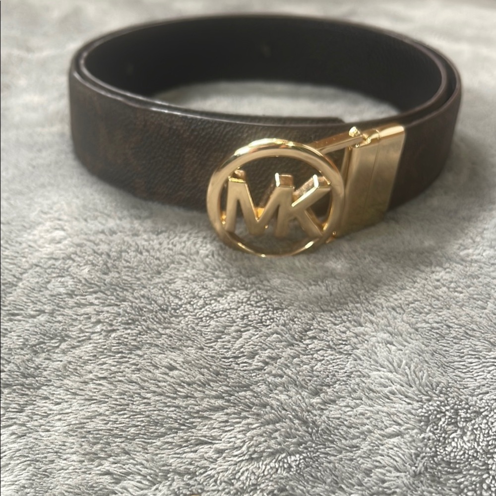 Michael Kors Dark Brown Belt with Gold MK Buckle. Has two added holes for buckle